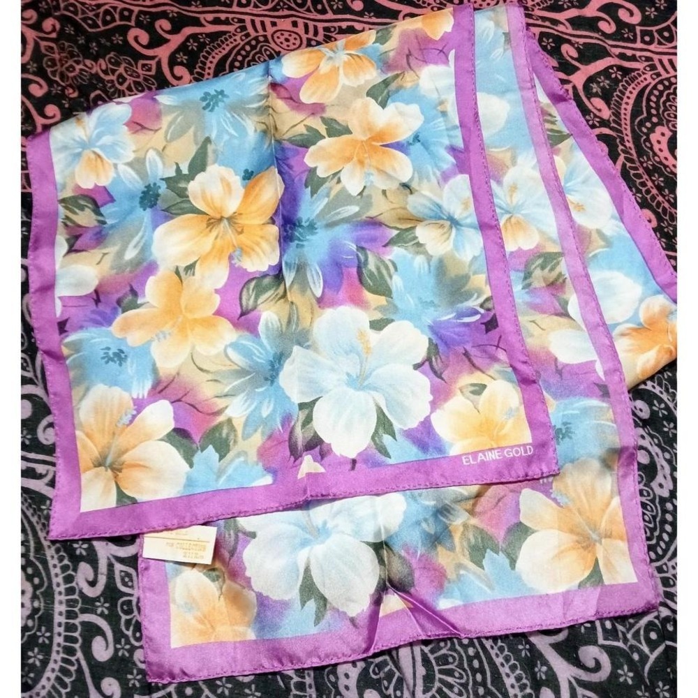 Vintage Elaine Gold Blue & Purple Floral 100% Silk Scarf, 11"x 50"